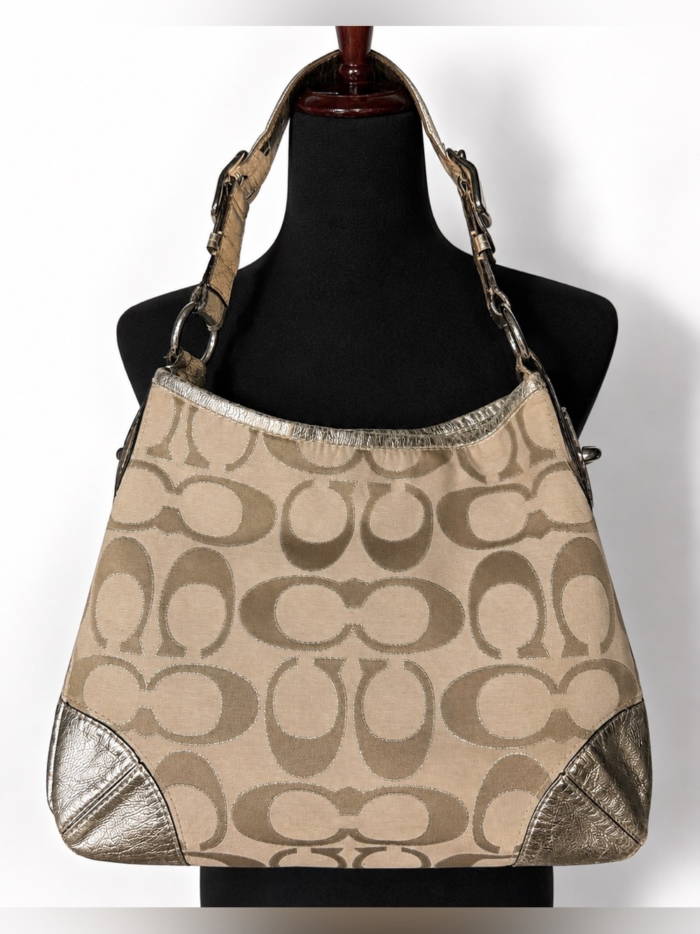 Vintage COACH Peyton tan and silver metallic leather hobo shoulder bag, purse